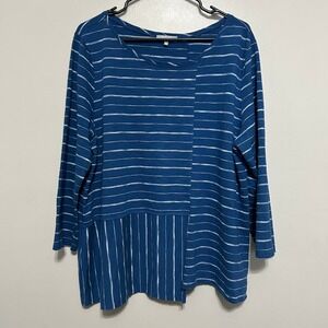 Habitat Women's Top XL Blue Striped Asymmetrical 3/4 Sleeve Cotton Tunic Coastal